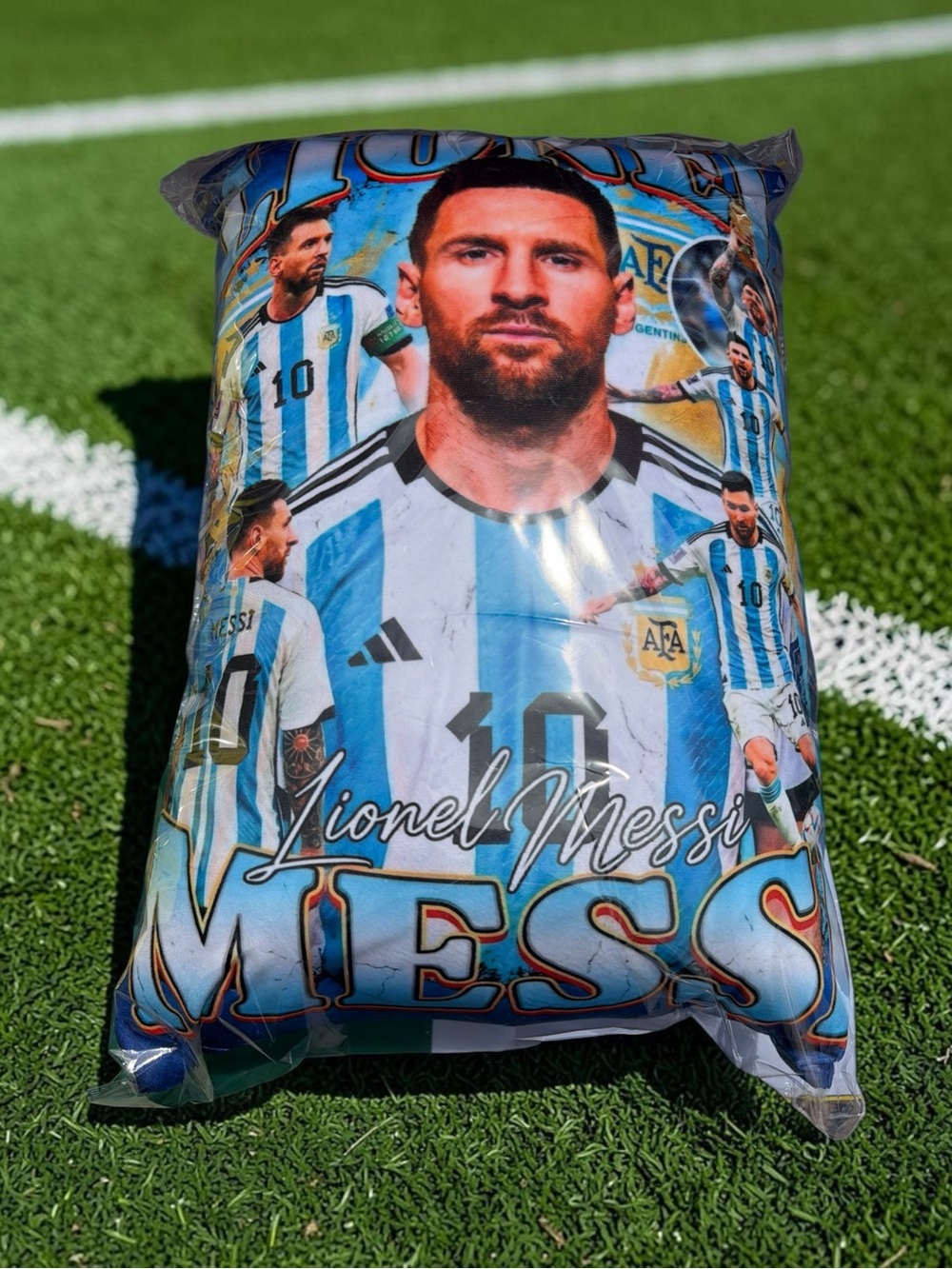 Blue Soccer-Themed Decorative Pillow - Lionel Messi Print